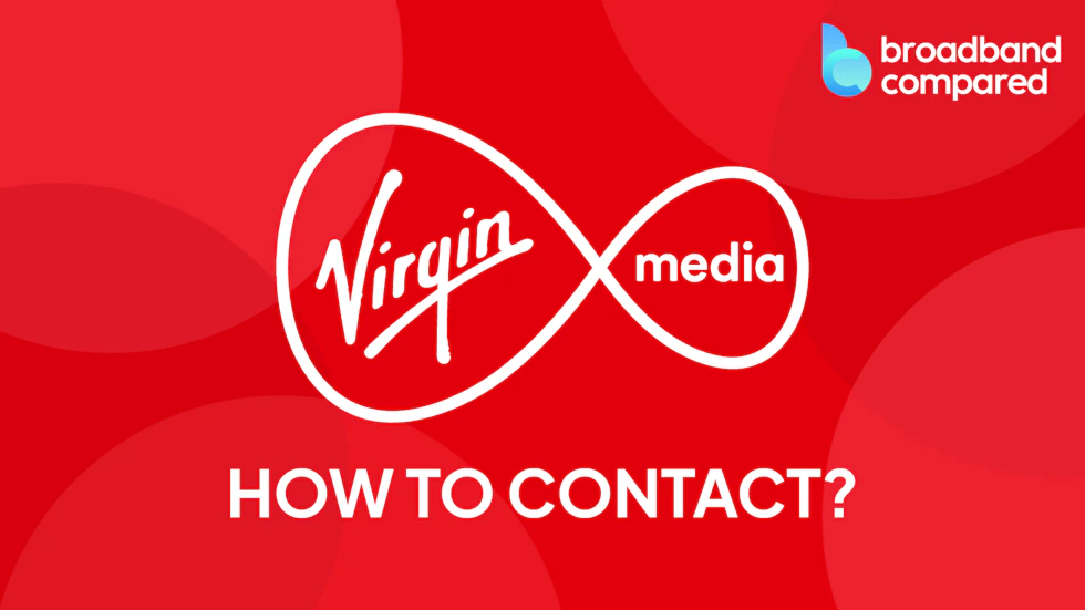 The Virgin Media logo with "How to contact" below it and the Broadband Compared logo to its top right.